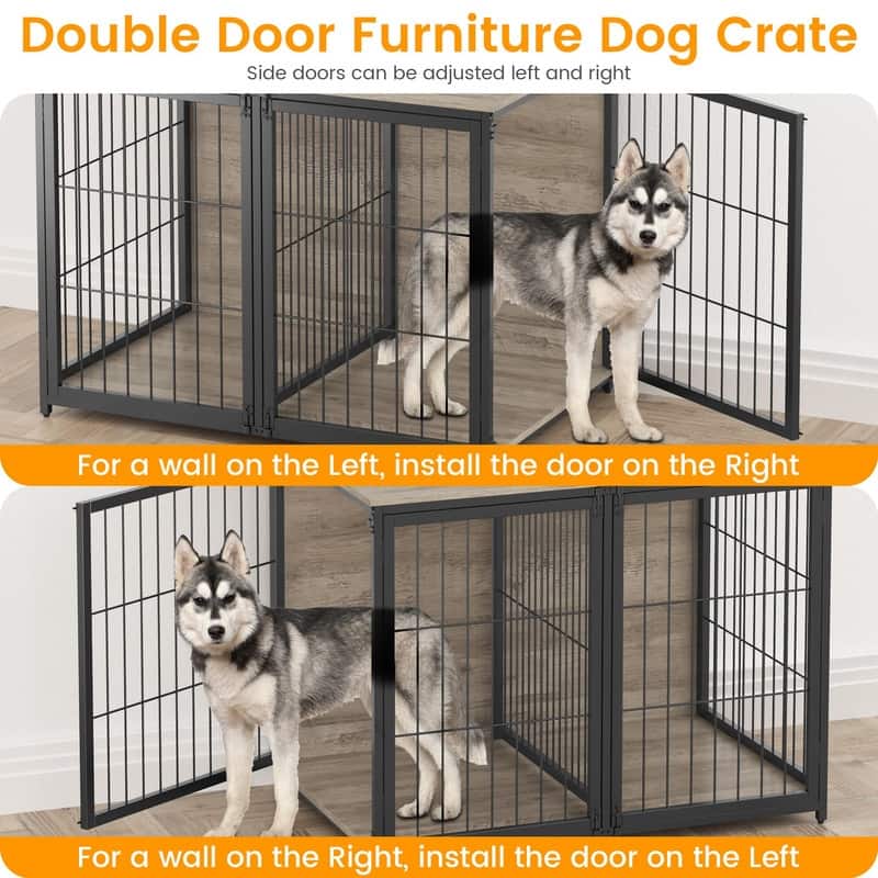 Heavy Duty Dog Crate Furniture 4Door Wooden Kennel with Storage Shelves Flip Door