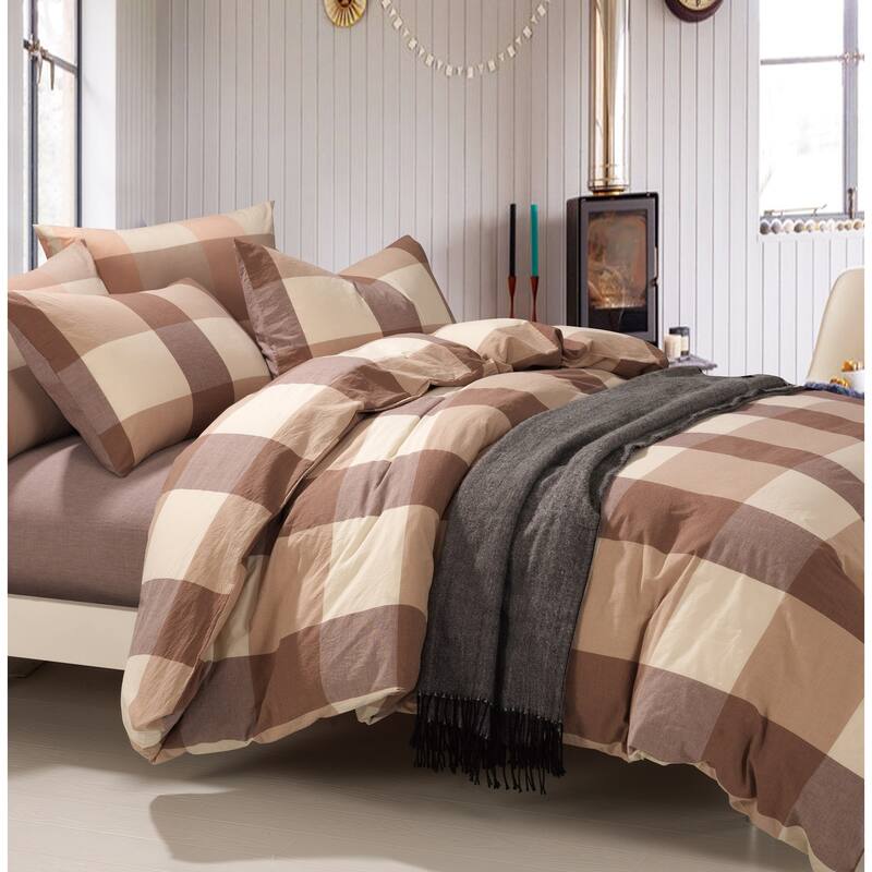 Cotton Plaid Windowpane Check 3-piece Duvet Cover Set - Buffalo Caramel - Queen