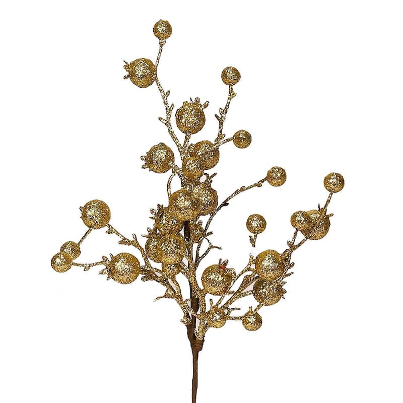 Gold Glitter Holly Berries Pick