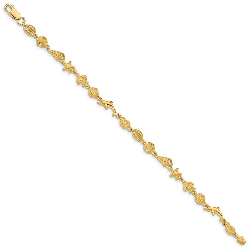 Curata 14k Yellow Gold Open back Lobster Claw Closure Polished and Textured Sealife Bracelet 7.25 Inch
