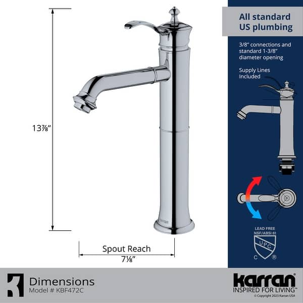 dimension image slide 1 of 4, Karran Vineyard KBF472 Single-Handle Single Hole Vessel Bathroom Faucet with Matching Pop-up Drain