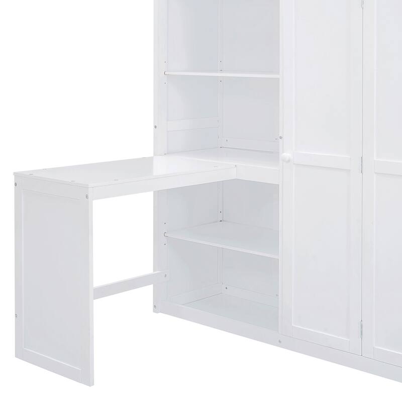 Full Size Bunk Bed with Wardrobe, Desk, and Shelves for Kids