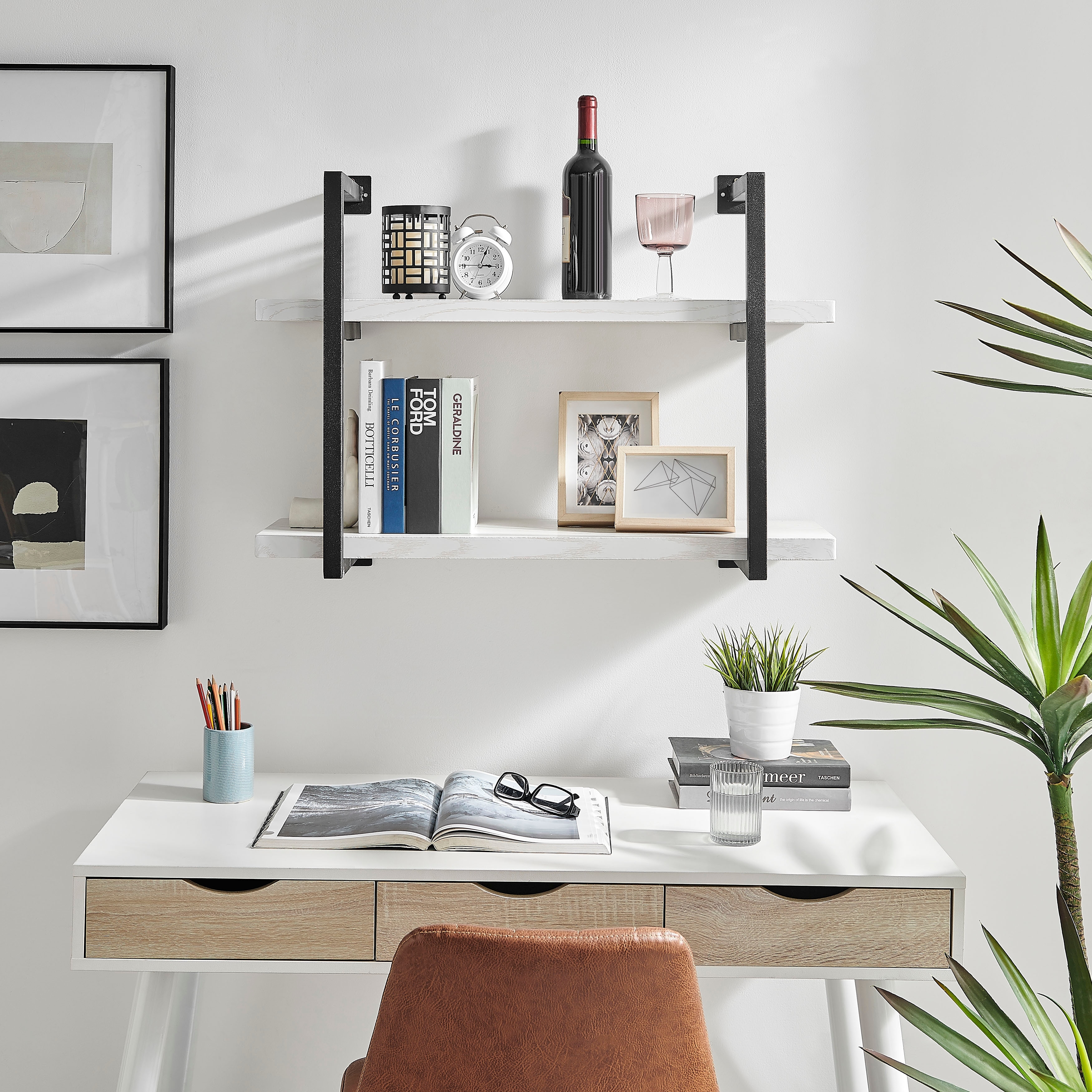 Danya B. Modern 2-Tier Hanging Bracket Wall Shelves in Black Metal and White Birch Finish