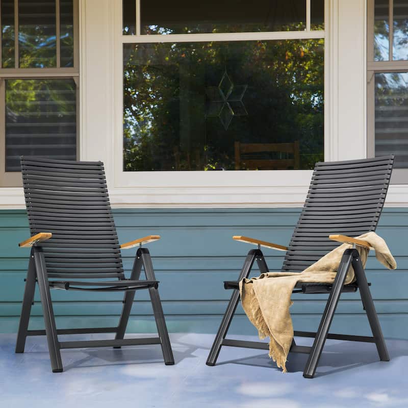 2-Piece Patio Folding Chairs with Aluminum Frame, Adjustable Backrest - Black