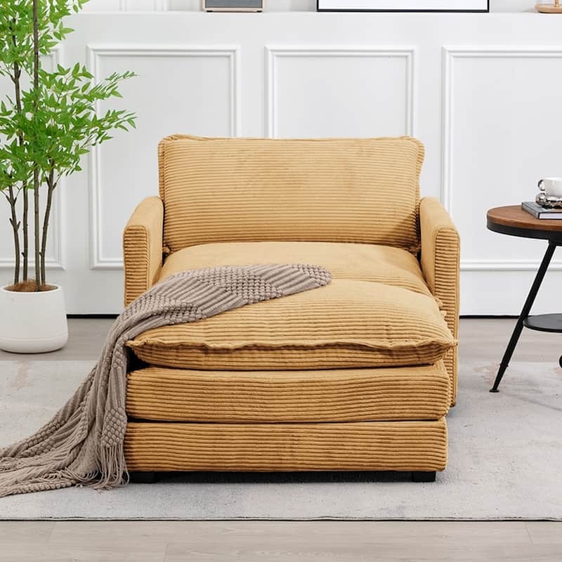Oversized Corduroy Armchair with Plush Cushions and Movable Ottoman