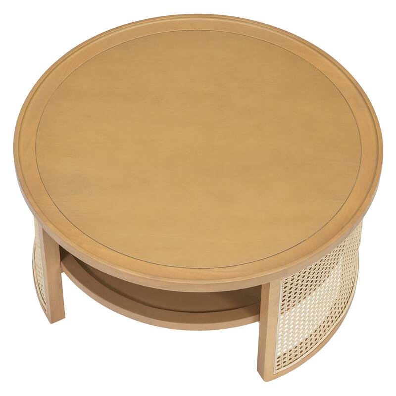2-Tiered Round Coffee Table with Curved-Edge Top & Rattan Base, Boho Wood Center Table with Storage Shelf for Living Room