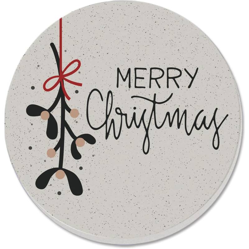 Mistletoe Christmas 4 Pack Absorbent Stone Coaster with Protective Cork Backing Made in The USA 4" Round, Wipes Clean - Multi