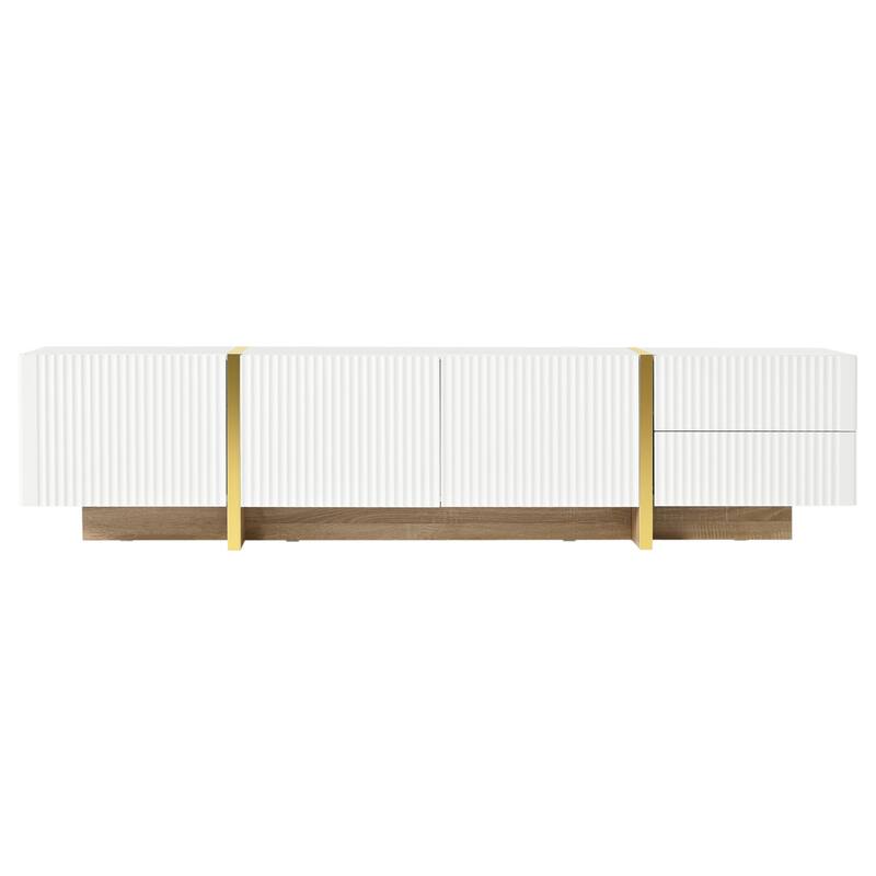 Modern Fluted TV Stand Luxury TV Stand with Storage Drawers and Gold Wood-Grain Legs, for Living Rooms, White