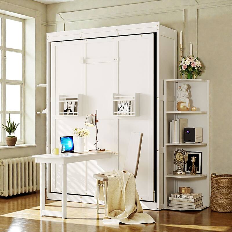Queen Rotating Murphy Bed with Desk, Dual 3-Tier Side Shelves, Hidden Wall Cabinet, Space-Saving Wall Bed - White - Queen
