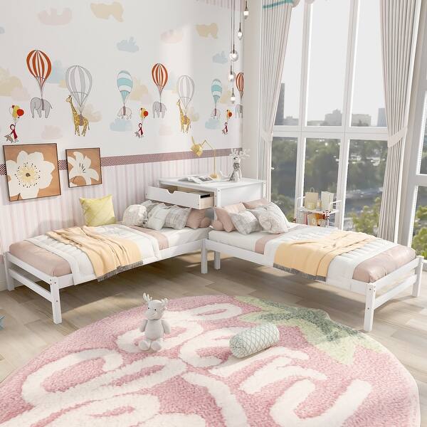 slide 2 of 9, Built-in Table and Drawers Storage Twin Size L-Shaped Platform Beds with Built-in Rectangle Table. White