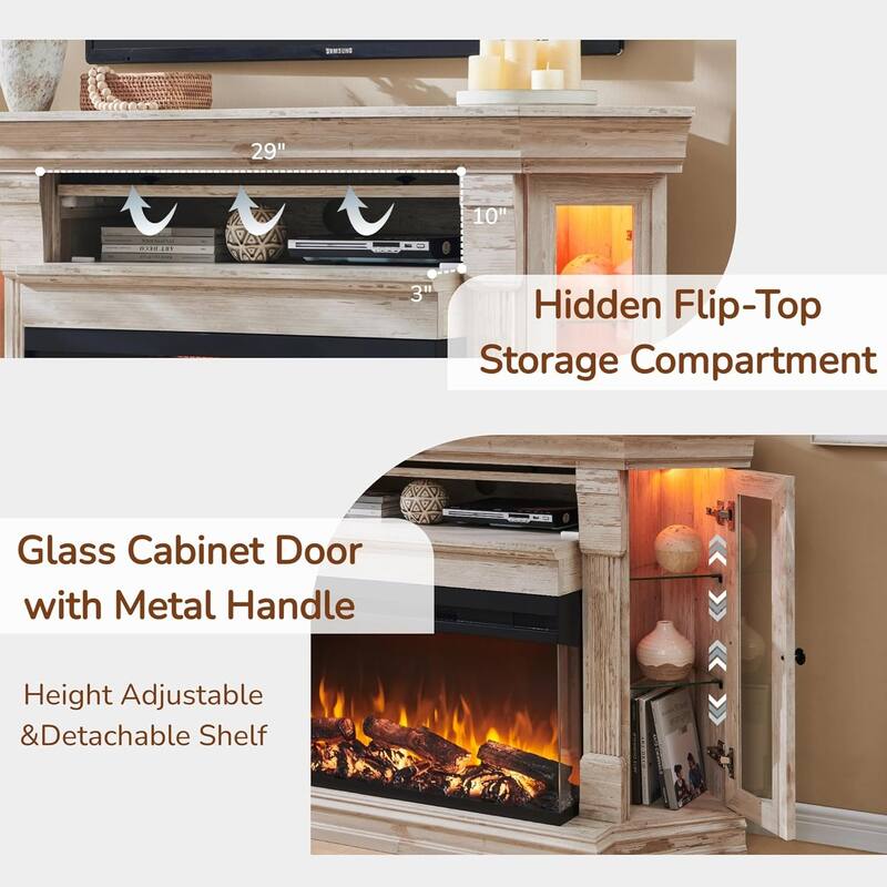 Farmhouse 3-Sided Fireplace TV Stand for 65" TV, Entertainment Center