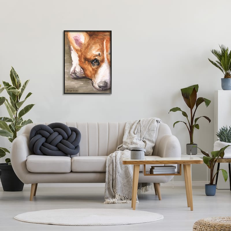 Stupell Pleasant Corgi Puppy Dog Gazing Lying Down Framed Wall Art, Design by George Dyachenko - Tan