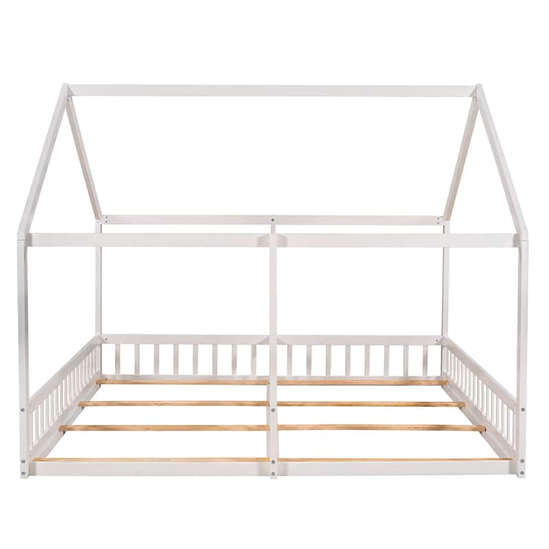 Twin Size Creativity House Bed, Double Twin Floor Bed Frame with Slat, Two Shared Beds, Wooden Kids Playhouse Bed Frame for 2