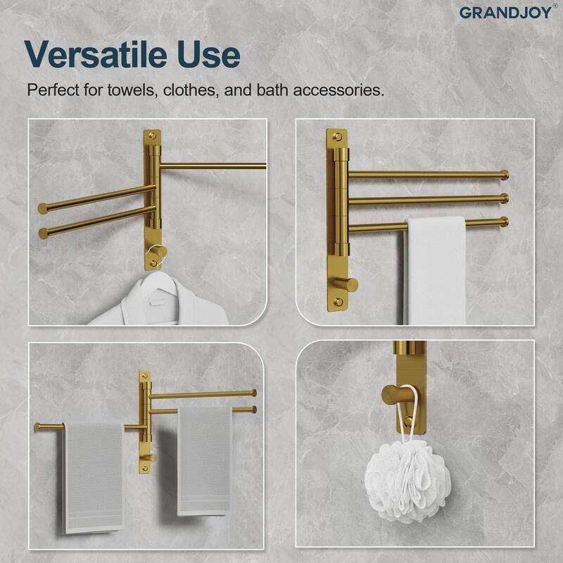 GRANDJOY Wall-Mounted Stainless Steel Swivel Towel Bar with 3 Rotatable Arms