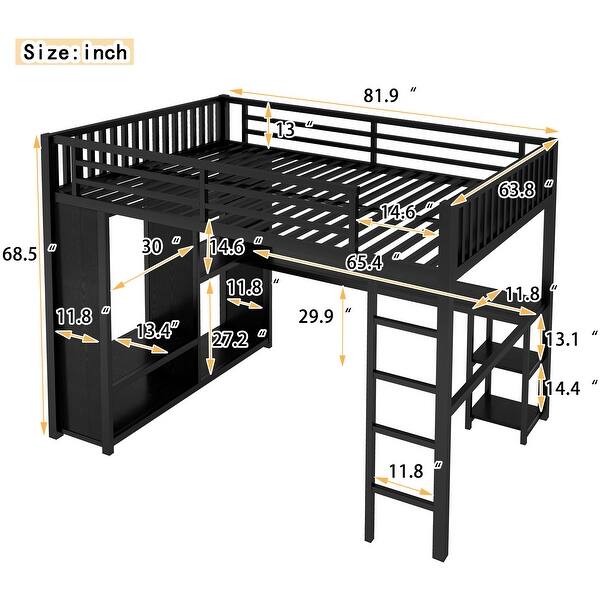 dimension image slide 2 of 3, Black Twin XL/ Full XL/ Queen Loft Bed with Wardrobe,Kids Bed with Workstation and Storage for Bedroom