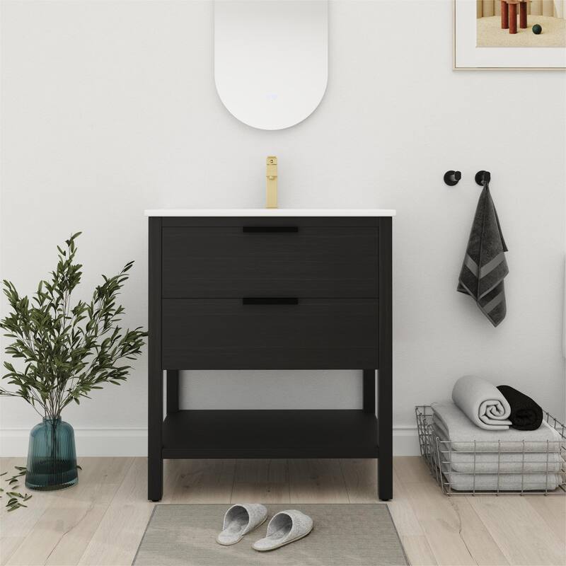 Bathroom Vanity With Sink In 30 Inch, Freestanding Bathroom Vanity With 2 Soft Close Drawers - 30"W x 18.31"D x 33.5"H - Black