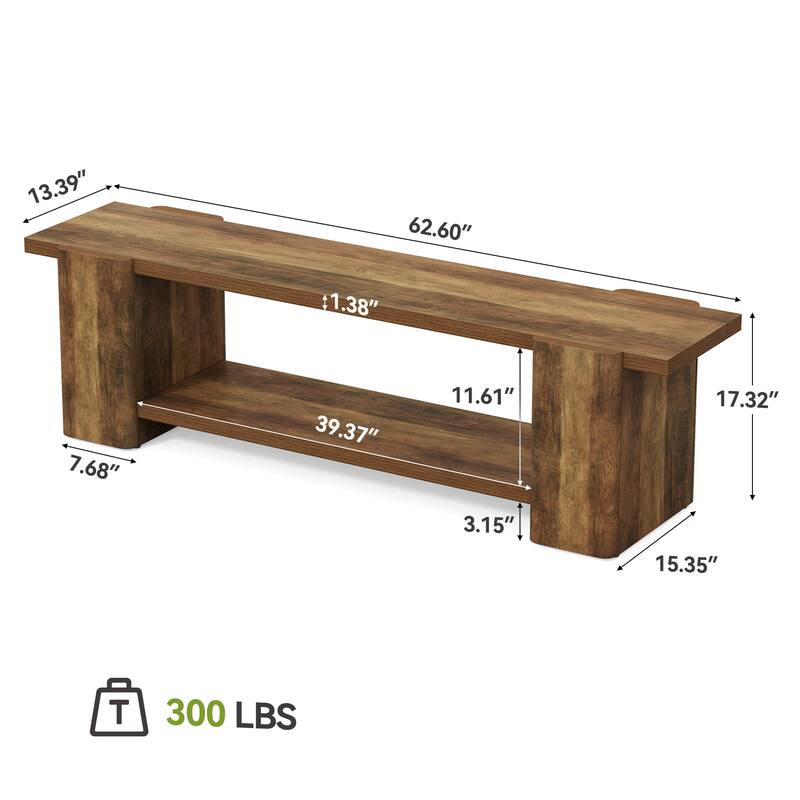 63 Inch Long Wooden Entryway Bench, End of Bed Bench with Storage Shelf - 13.39" D x 62.6" W x 17.32" H