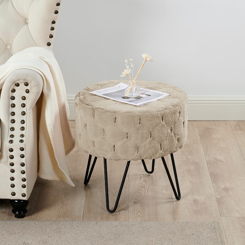 Jacquard Solid Fauxfur Round Ottoman