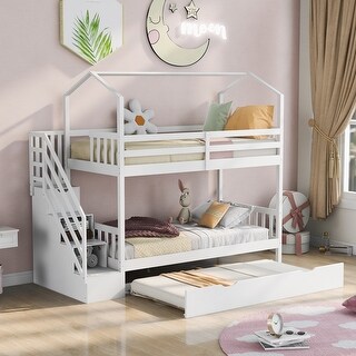 Nestfair Twin over Twin House Bunk Bed with Staircase and Storage Space ...