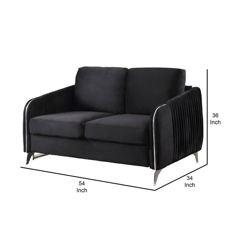 54 Inch Modern Loveseat, Vertical Quilted Design, Jet Black Velvet Fabric