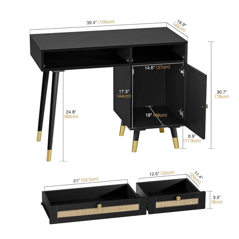 Modern Computer Desk with Drawers Wood Rattan Home Office Desk Writing Desk with File Cabinet