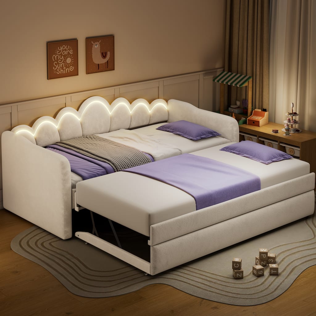 Twin XL Velvet Upholstered Daybed with Pull-Out Trundle and Wave Backrest LED Light