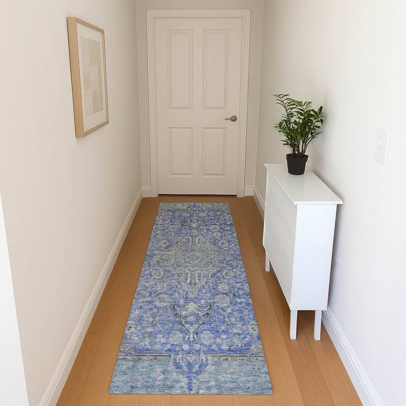 Premium Washable Super Soft Vintage Traditional Mayfield Rug - Blue - 2'3" x 7'6"