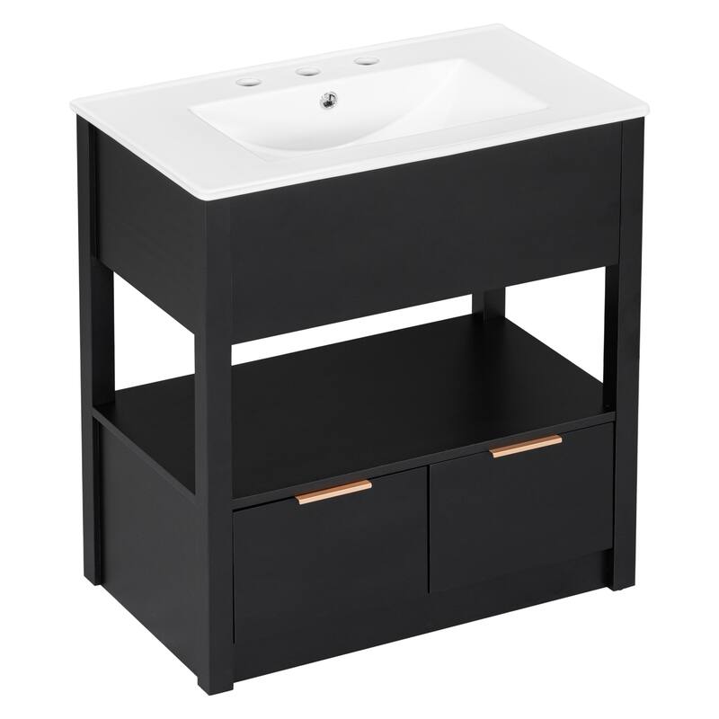 30" Bathroom Vanity with Sink Top, Bathroom Cabinet with Open Storage Shelf and Two Drawers, One Package