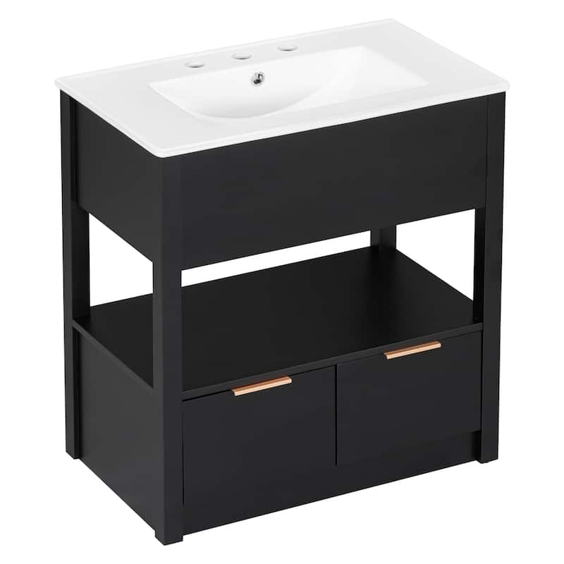 Bathroom Vanity with Sink Top, Vanity Set with Ceramic Basin Sink, Bathroom Storage Cabinet with 2 Drawers and Open Shelf