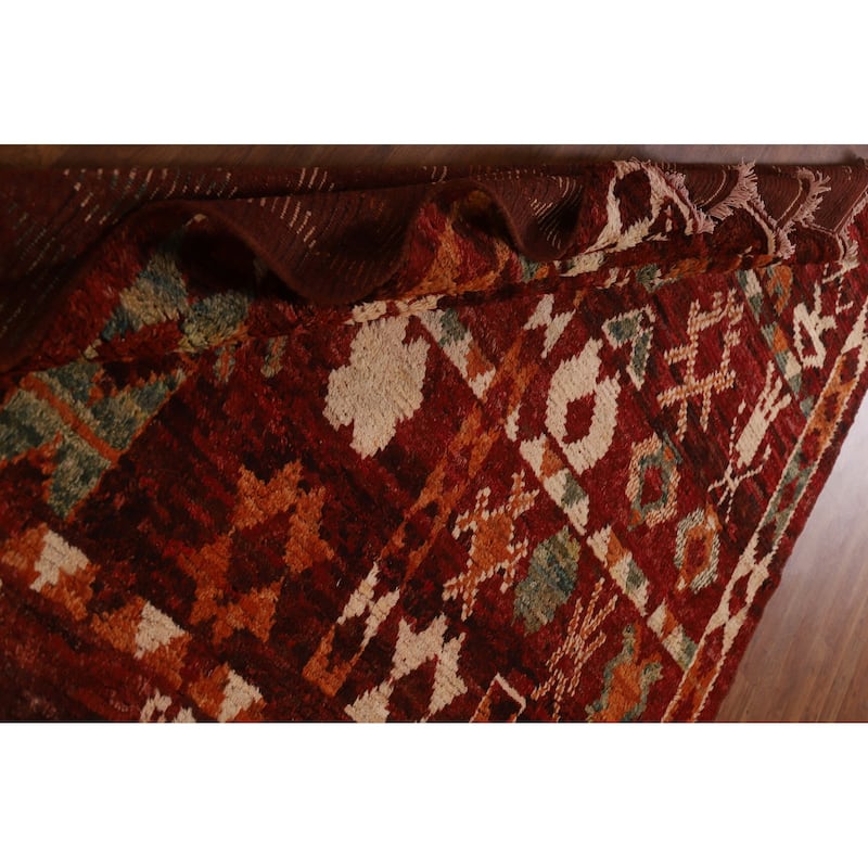 Red Tribal Geometric Moroccan Area Rug Hand-knotted Wool Carpet - 6'8" x 9'6"