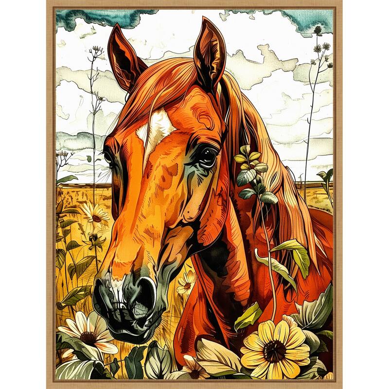 Horse and Daisies by Justyna Jaszke Framed Canvas Wall Art
