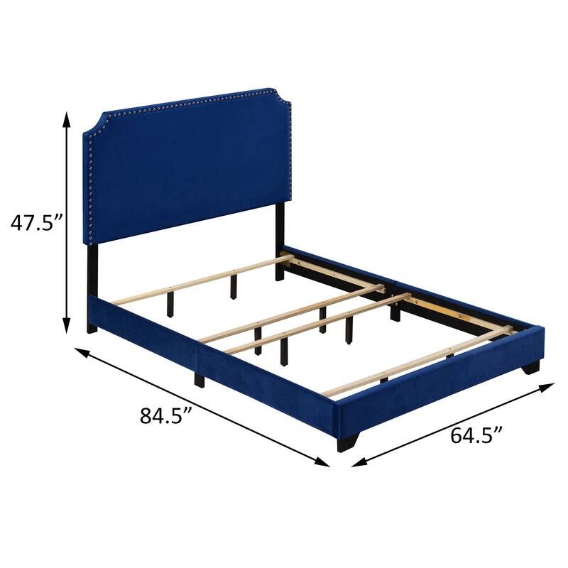 Queen Size Blue Velvet Upholstered Panel Bed with Scooped Headboard