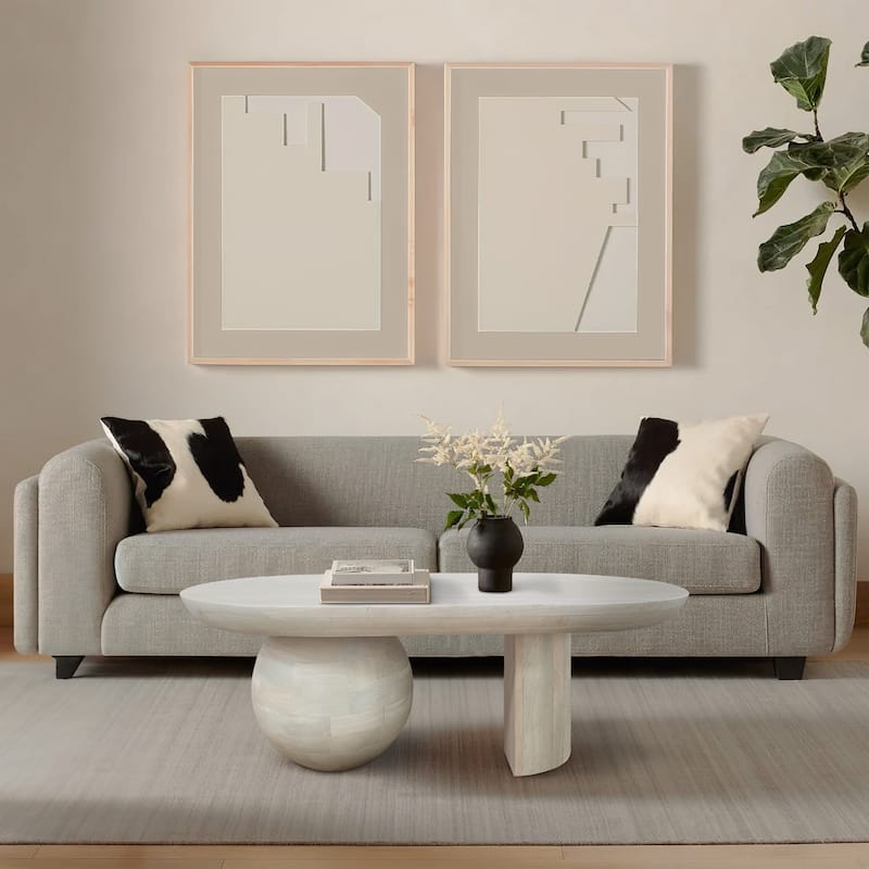 38 Inch Coffee Table, Oblong Mango Wood Top with a Modern Ball Leg - White