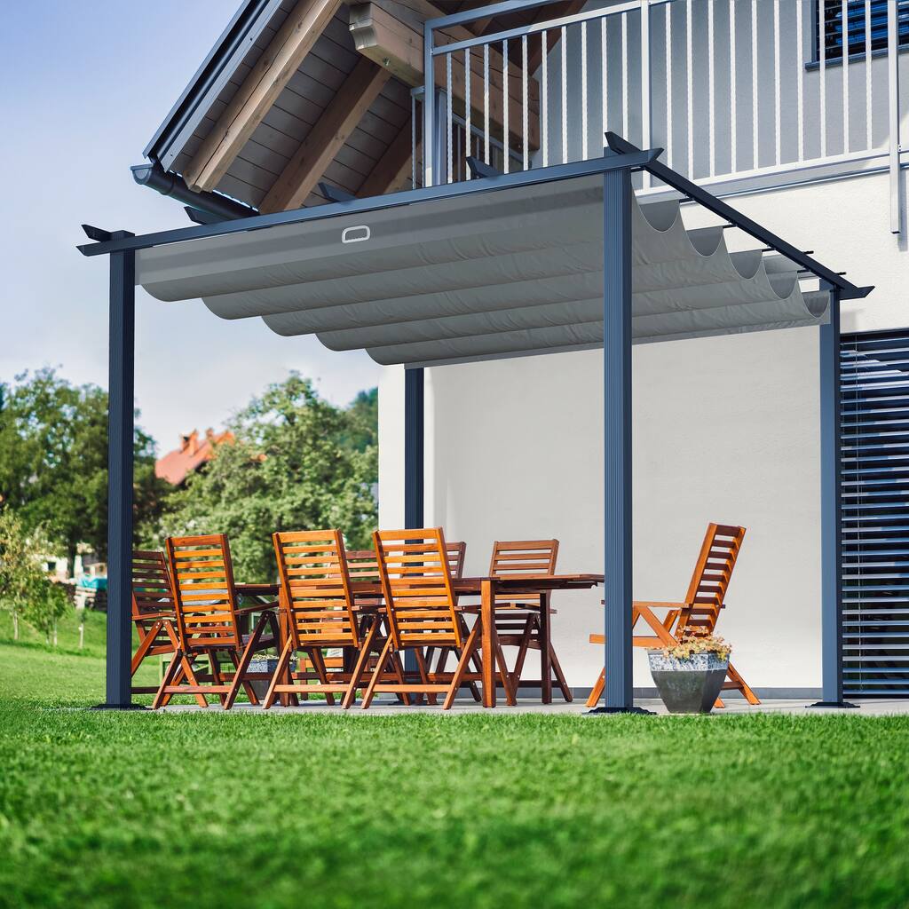 10 ft. x 10 ft. Wood Grain Aluminum Outdoor Pergola with Retractable Shade Canopy