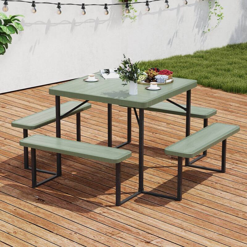 Costway Picnic Table Bench Set for 4-8 People with Umbrella Hole - See Details - Green