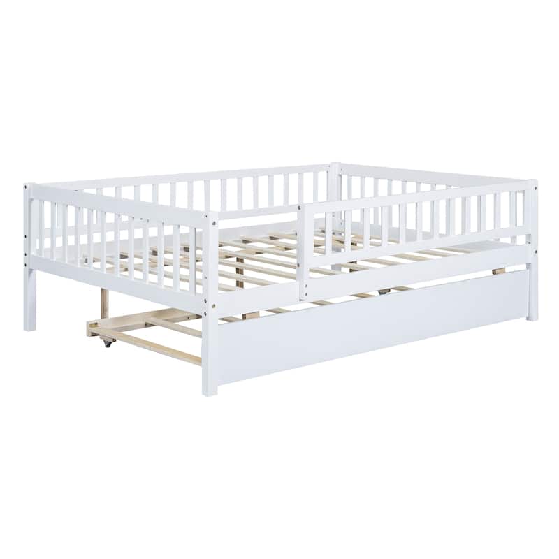 Full Size Wood Daybed with Trundle and Fence Guardrails