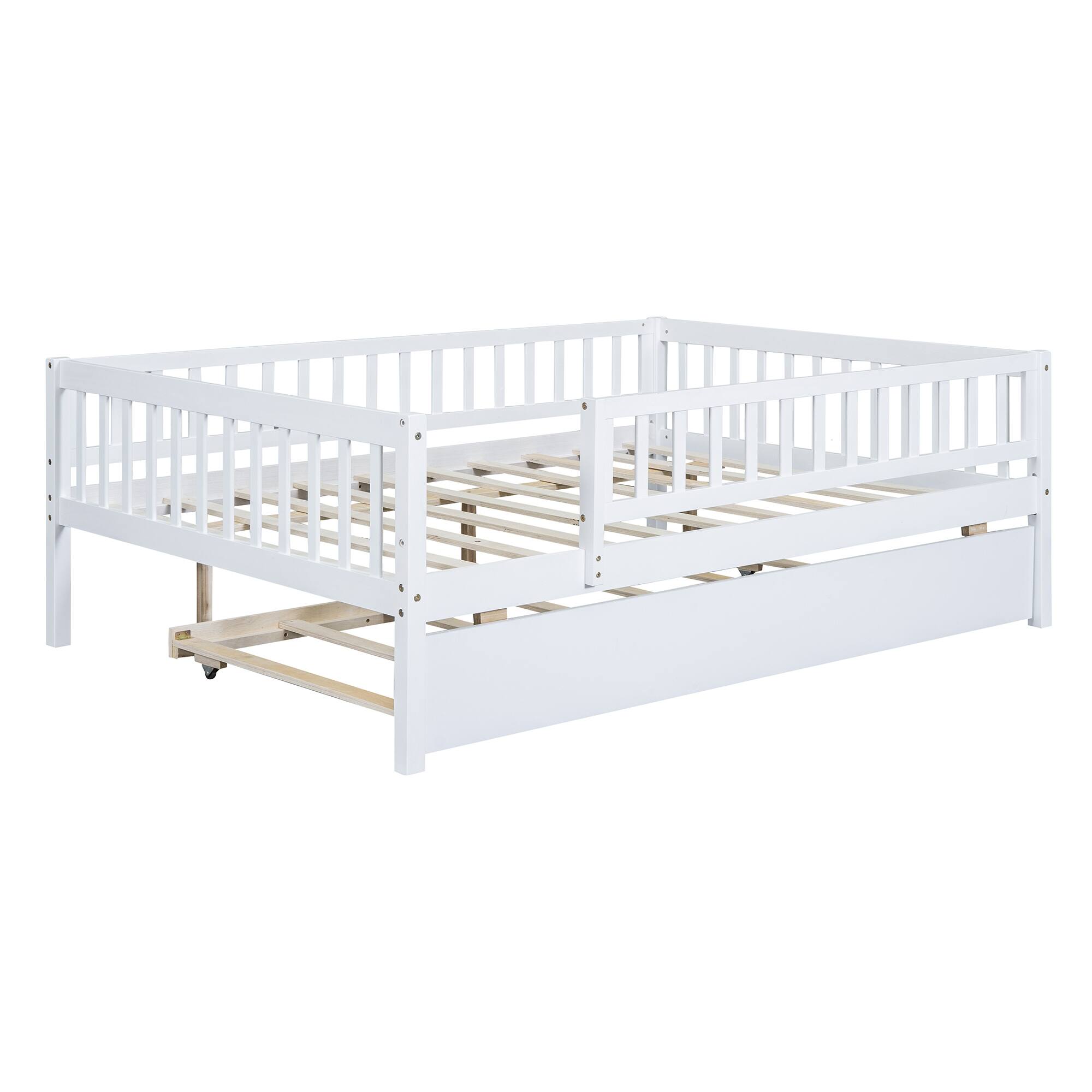 Full Size Wood Kids Daybed Platform Sofa Bed with Trundle & Guardrails ...