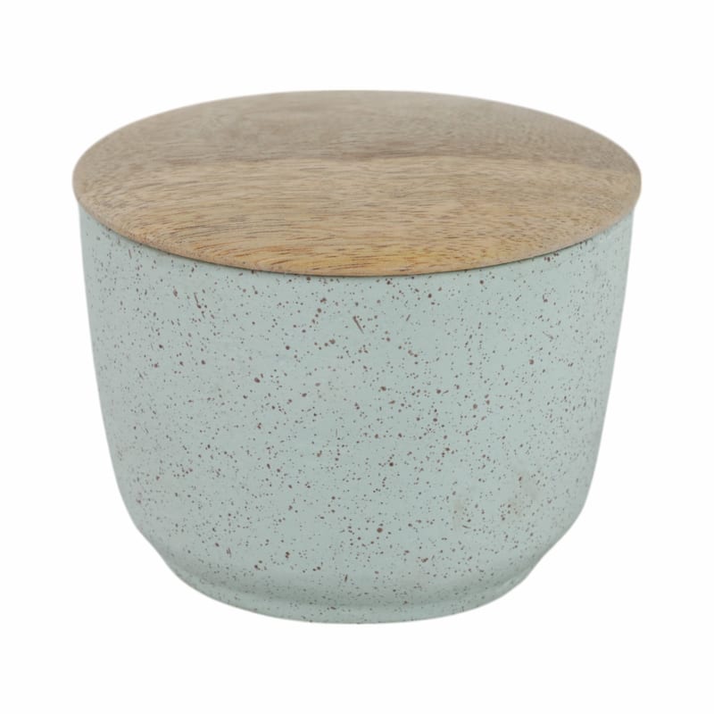 Pottery Wax Decorative Candle Wood Lid Casual Display Storage Jar - 4" x 4" x 3"