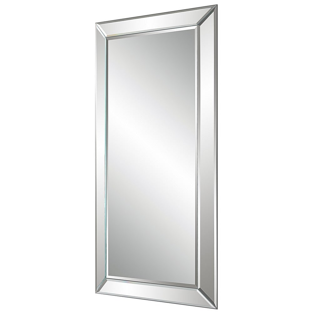 48 Inch Wood Rectangular Mirror, Mirrored Frame, Beveled Panels, Silver - 48 H x 24 W x 1.3 L Inches
