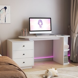 Modern Home Office Table,Expandable Desk with Storage Drawers & Open ...