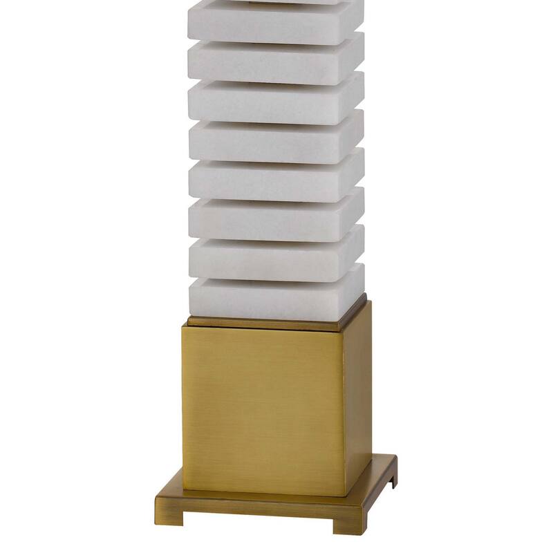28 Inch Table Lamp, White Drum Hardback, Marble and Antique Brass Finish