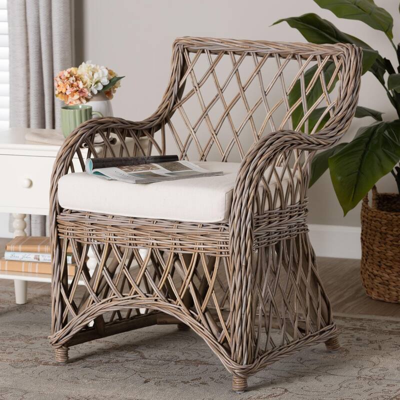 Debra Natural Rattan Armchair - Handwoven Open-Weave Wicker Armchair with Curved Silhouette & Removable Cushion