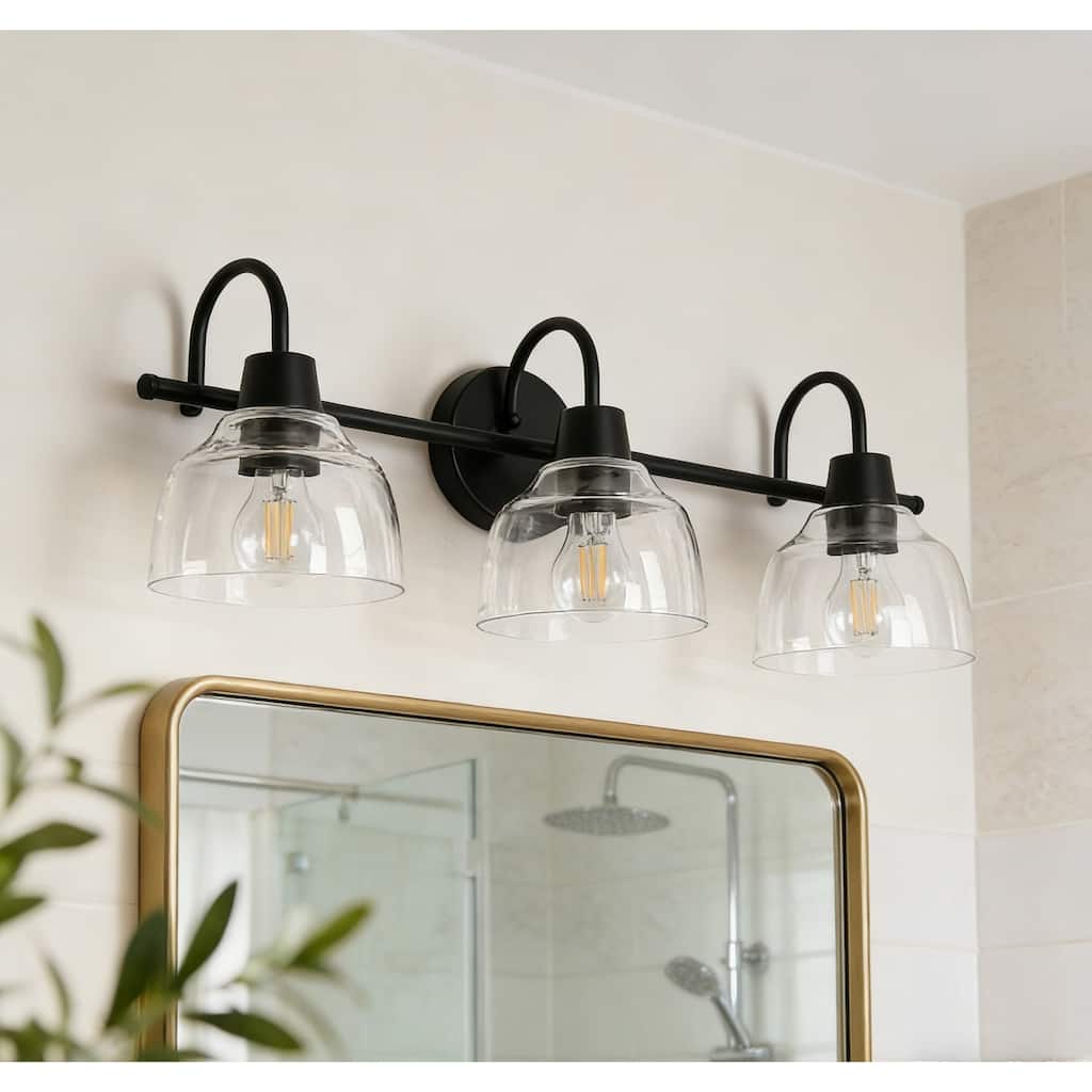 Regan Modern Black 3-Light Linear Farmhouse Bathroom Vanity Lights Dome Glass Wall Sconces - 23.6'' L x 6.5'' W x 8.3'' H