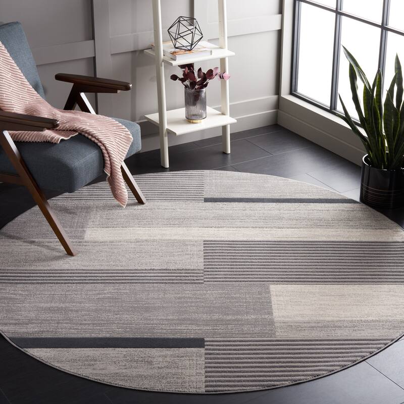 SAFAVIEH Odyssey Pricilla Modern Abstract Rug - 6'7" Round - Grey/Black Ivory