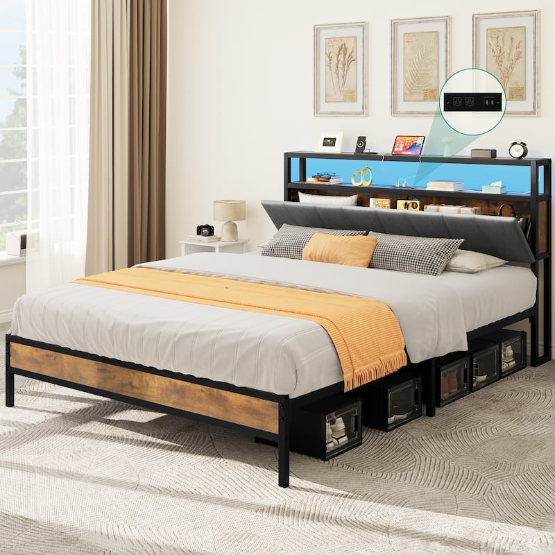 Queen LED Bed Frame Upholstered Headboard Platform Bed - On Sale - Bed ...