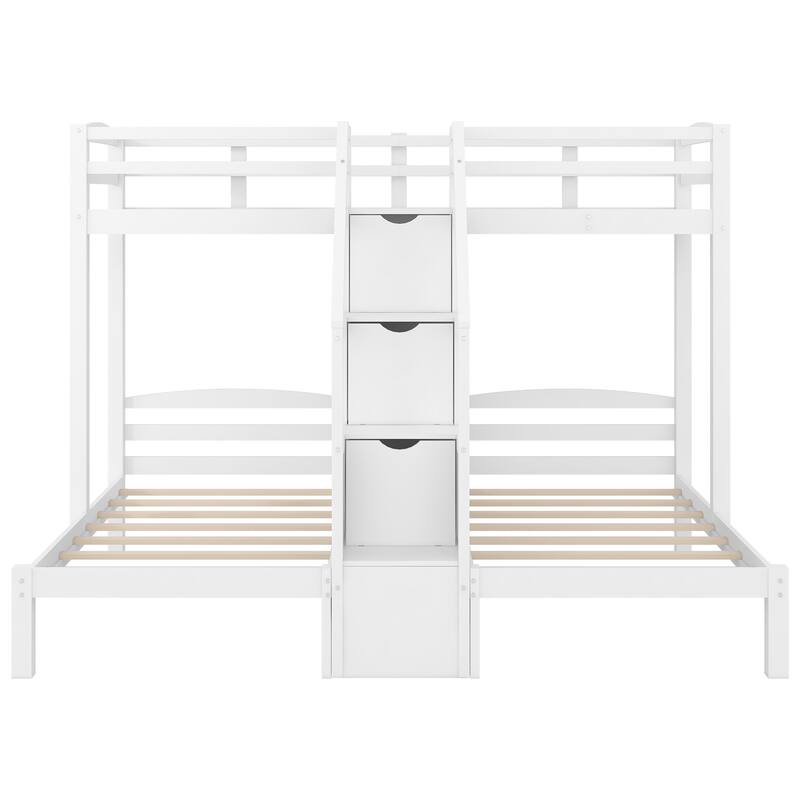 Wood Twin Over Twin & Twin Bunk Bed with Built-in Staircase and Storage Drawer, L-Shaped Twin Triple Bunk Bed Frame for 3