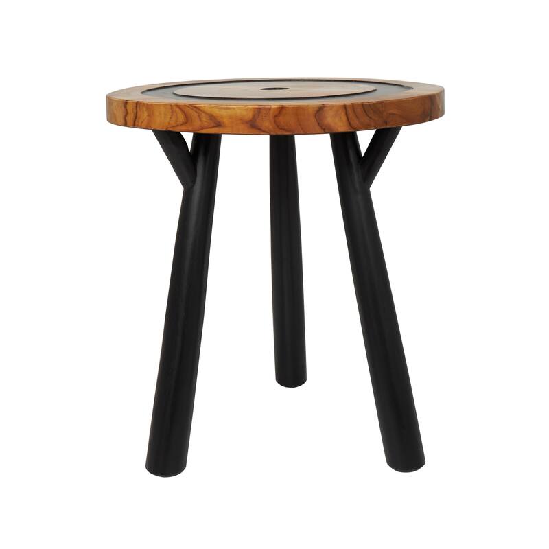 Teak Wood Geometric Layered Circle Accent Table with Black Legs - Brown - Roche River Decor