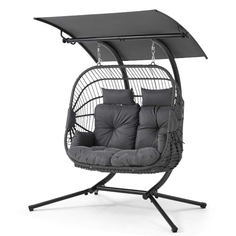 Double Egg Chair with Stand/Adjustable Canopy Patio Hammock Chair Hanging Swing Wicker Rattan Basket for Outdoor Balcony Garden