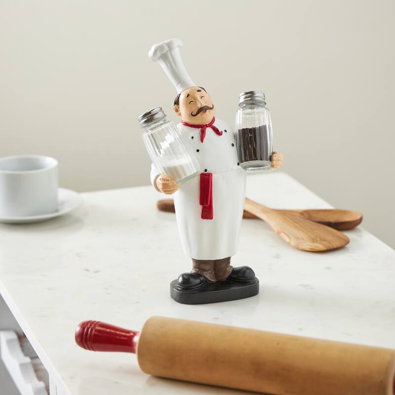 White Polystone Kitchen Decorative Figurine Chef Salt and Pepper Shaker Holder with Red Accents - White