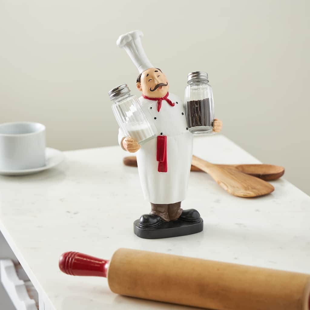 White Polystone Kitchen Decorative Figurine Chef Salt and Pepper Shaker Holder with Red Accents